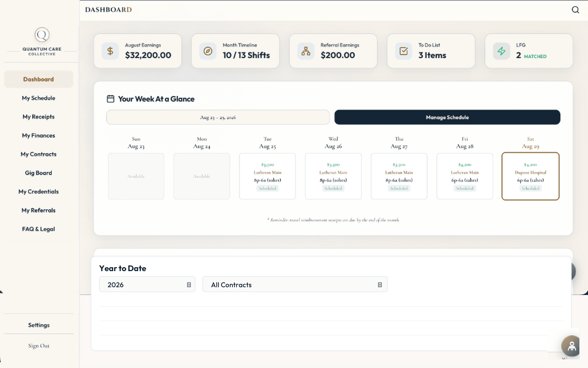 Quantum Care Clinician Portal Dashboard — Schedules, Pay, Documents